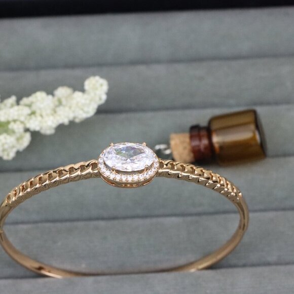 Oval Stone Rose Gold Bangle with Chain-Style Detailing, XPBL0443 - Picture 10 of 12